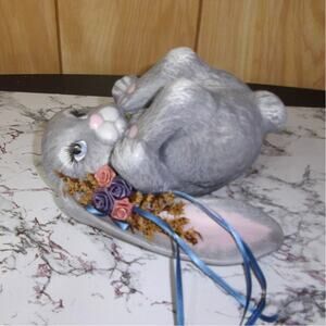 Vintage Easter Spring Ceramic Gray Floppy Eared Bunny Roses Ribbon